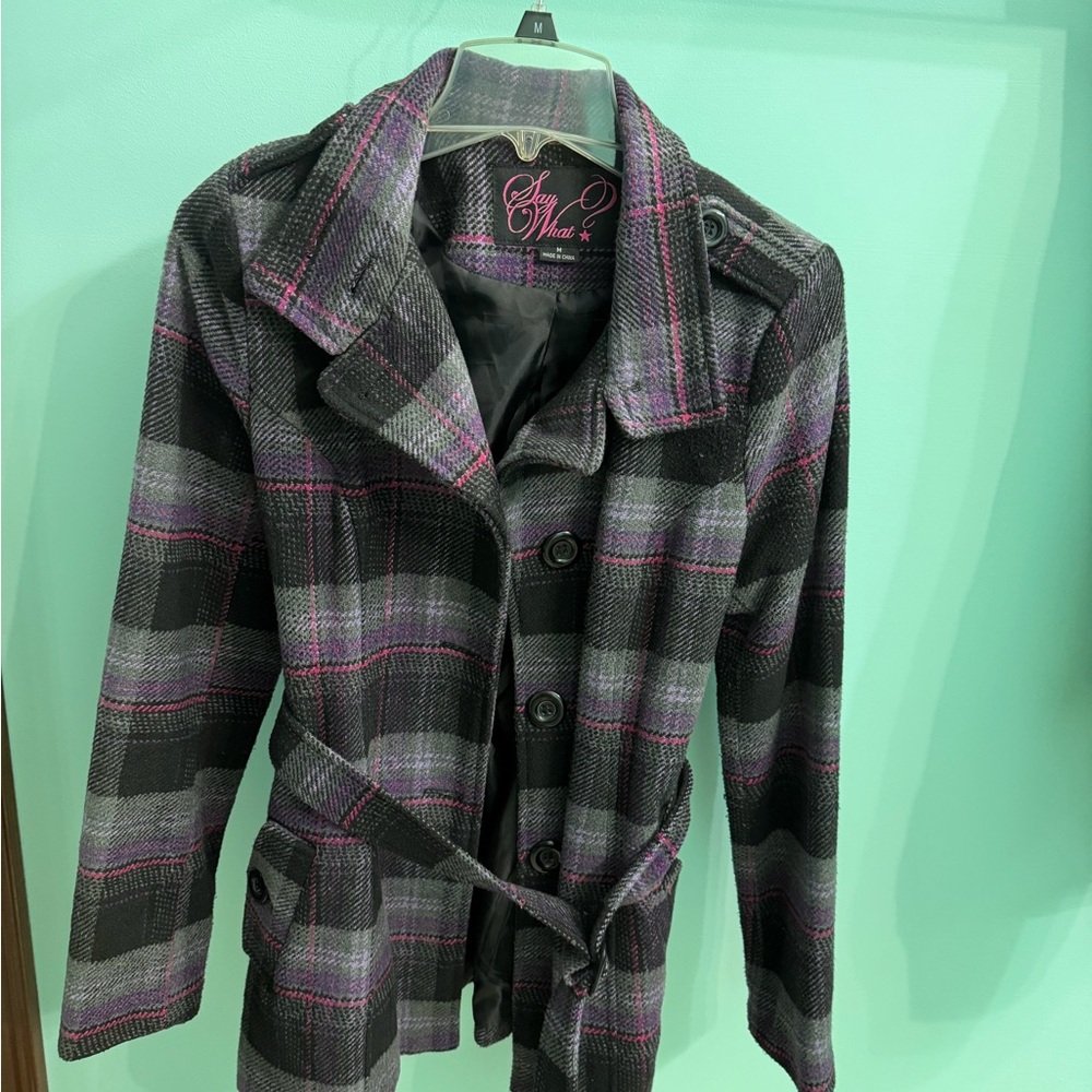 Say What? Women's Black Pink and Gray Belted Plaid Coat